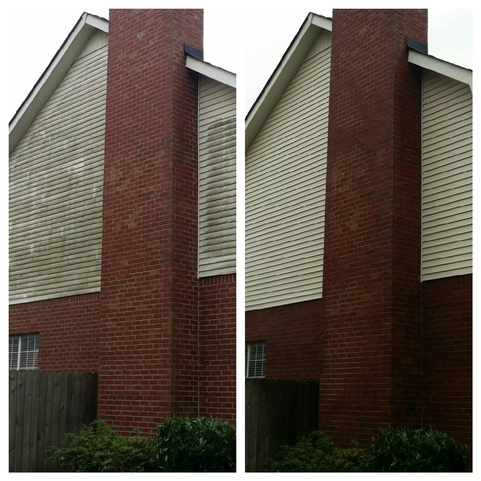 Brick home wall before and after soft washing