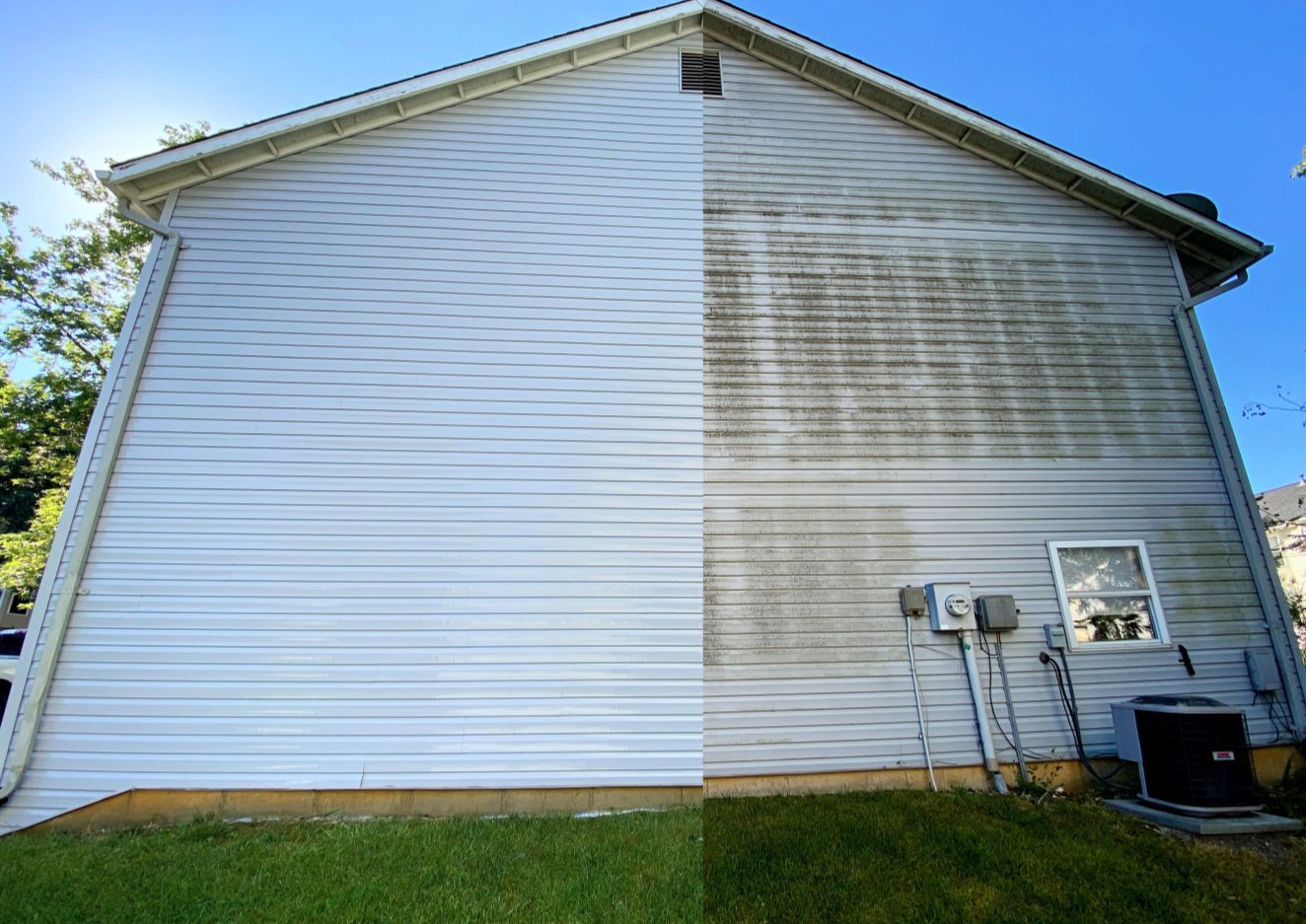 Vinyl siding half soft washed showing the green algae removed