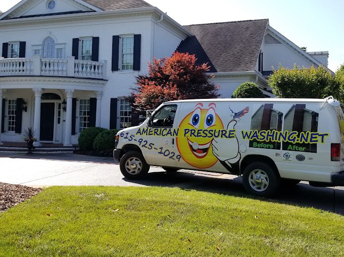 American Pressure Washing truck in front of a white columned home in Franklin TN